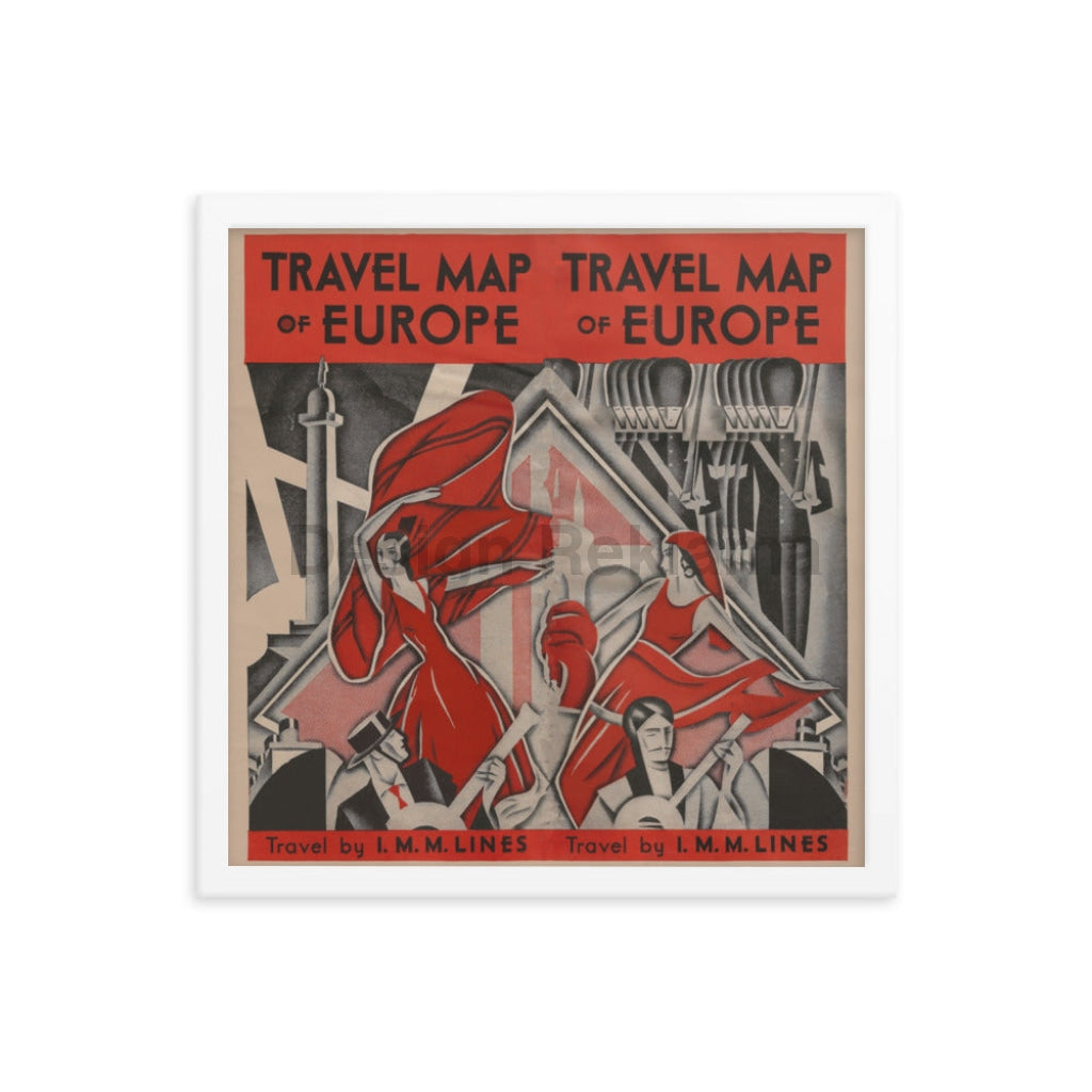Travel Map Of Europe IMM Lines, 1932. Framed Vintage Travel Poster Vintage Travel Poster Design Reklama