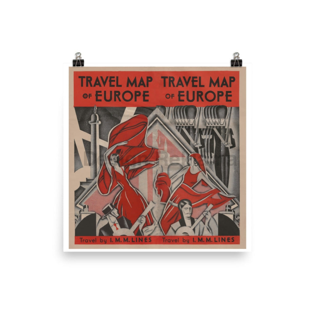 Travel Map Of Europe IMM Lines, 1932. Unframed Vintage Travel Poster Vintage Travel Poster Design Reklama