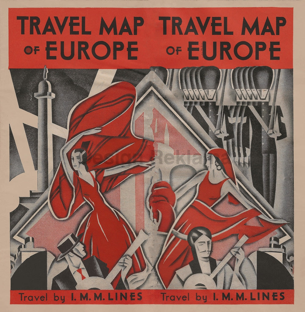 Travel Map Of Europe IMM Lines, 1932. Unframed Vintage Travel Poster Vintage Travel Poster Design Reklama