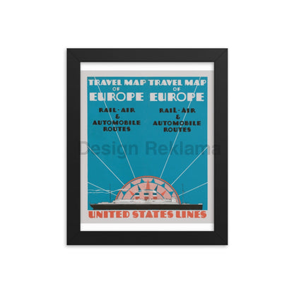 Travel Map Of Europe Rail, Air, Automobile Routes. United States Lines, 1930. Framed Vintage Travel Poster Vintage Travel Poster Design Reklama