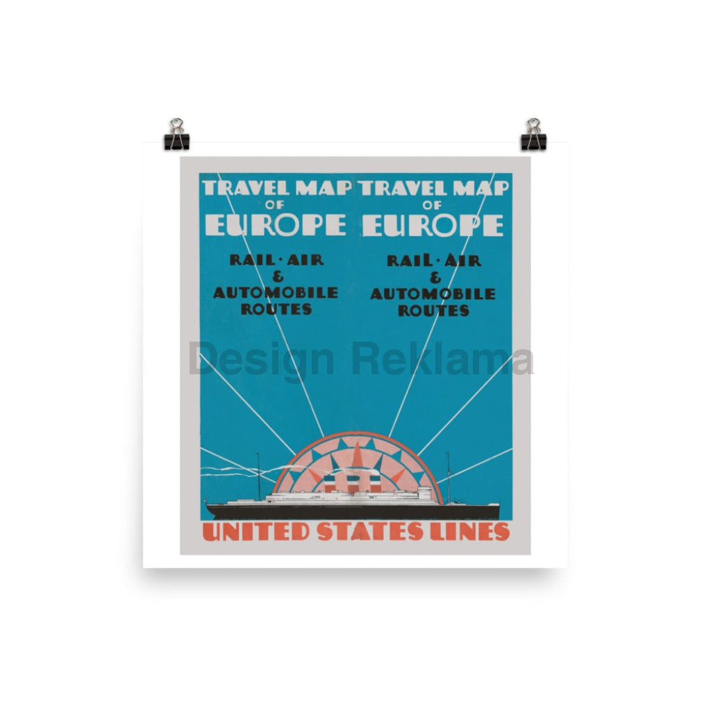 Travel Map Of Europe Rail, Air, Automobile Routes. United States Lines, 1930. Unframed Vintage Travel Poster Vintage Travel Poster Design Reklama