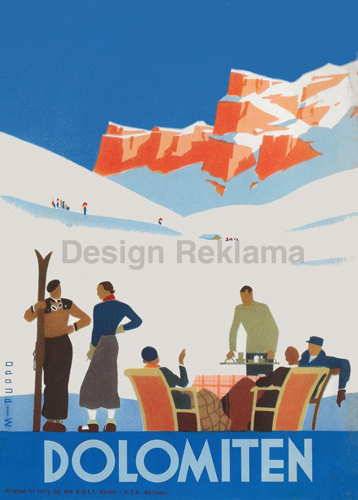 Winter Sport in the Dolomites Poster, circa 1938. Cover graphic by Mario Puppo. Framed Vintage Travel Poster Vintage Travel Poster Design Reklama