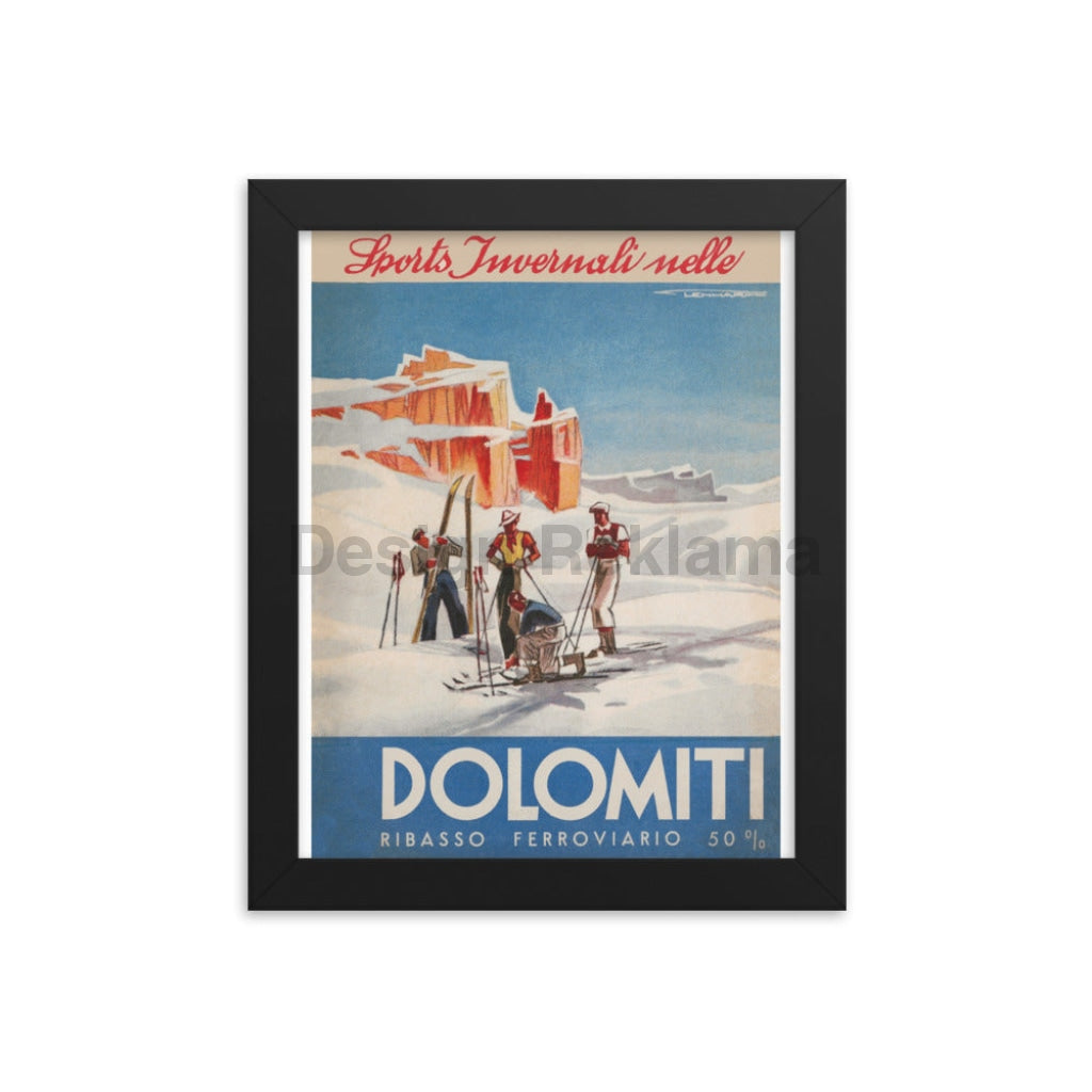 Winter Sports in the Dolomites, Italy circa 1936. Framed Vintage Travel Poster Vintage Travel Poster Design Reklama
