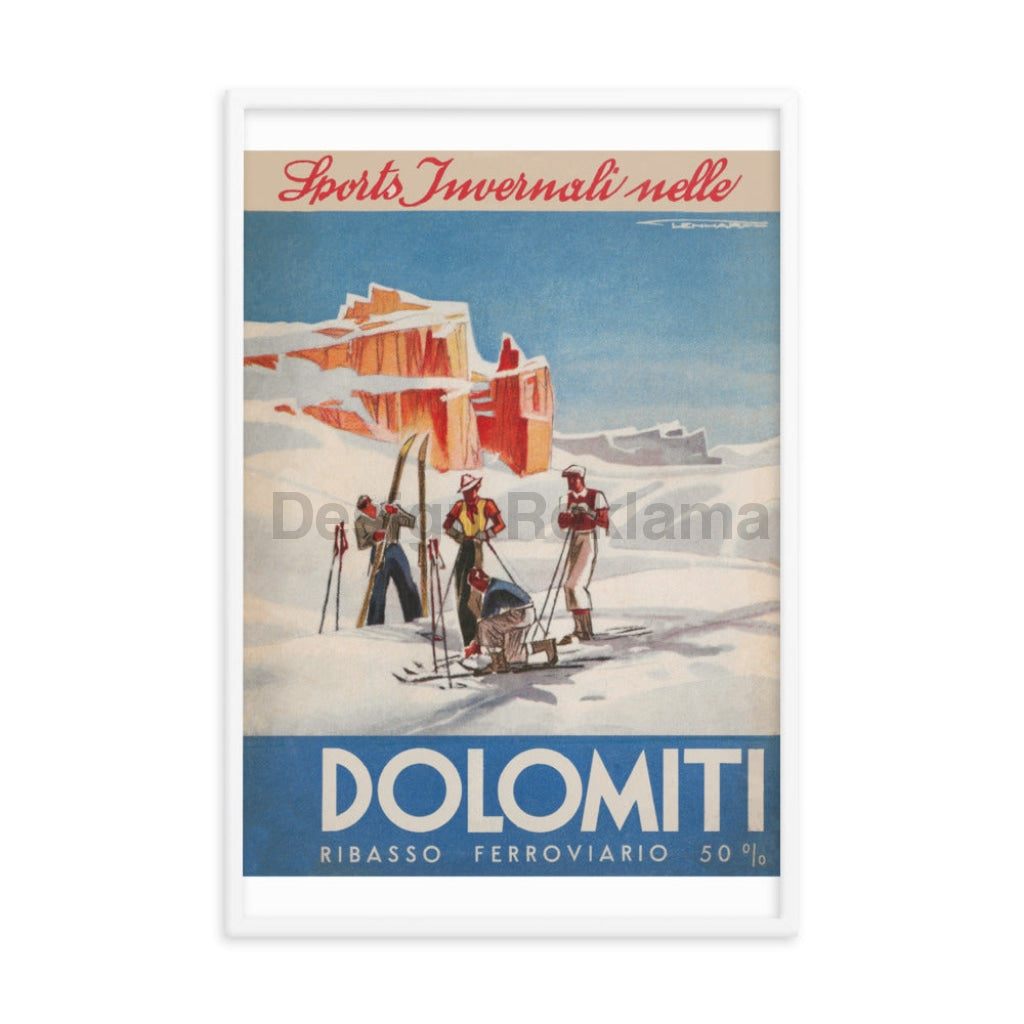 Winter Sports in the Dolomites, Italy circa 1936. Framed Vintage Travel Poster Vintage Travel Poster Design Reklama