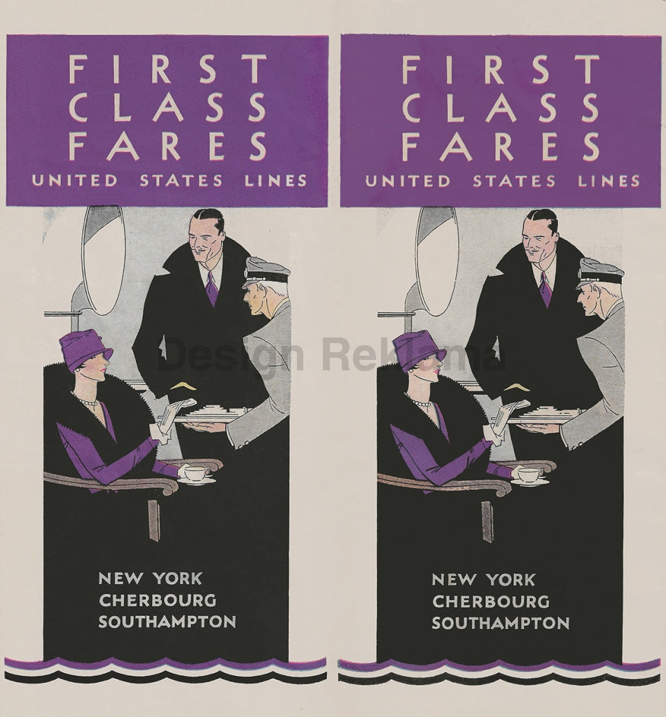 First Class Fares United States Lines New-York Cherbourg Southampton, 1931. Framed Vintage Travel Poster Vintage Travel Poster Design Reklama