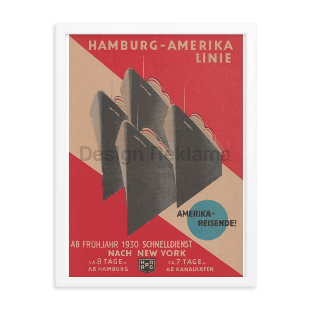 Hamburg America Line America Travel to New York Spring, 1930. Issued by HAPAG Designed by Henning Koeke. Framed Vintage Travel Poster Vintage Travel Poster Design Reklama