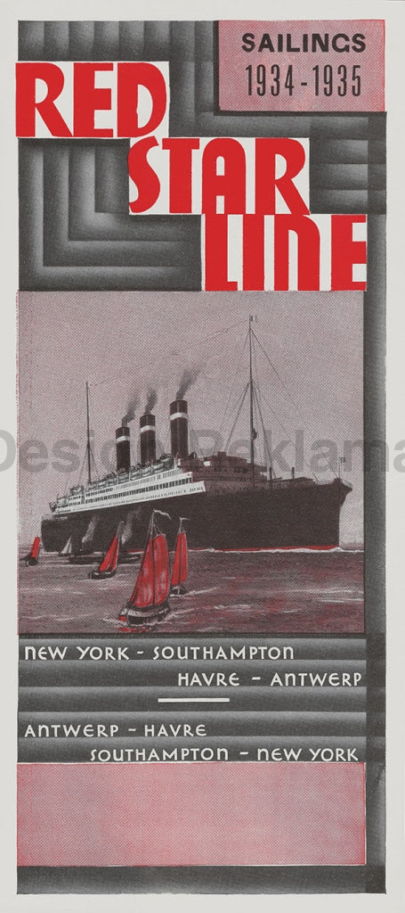 Red Star Line New York Southampton Havre Antwerp, 1934. Unframed Vintage Travel Poster Vintage Travel Poster Design Reklama