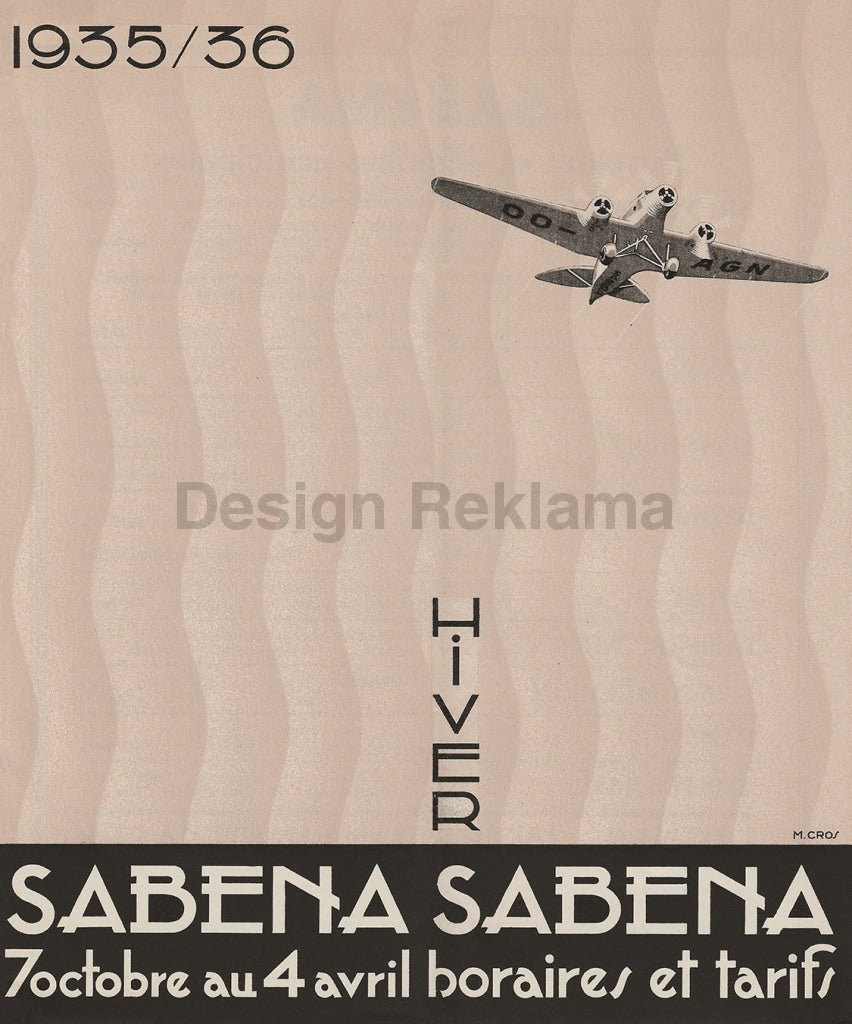 Sabena Airlines Belgium Timetable 1935-36, Unframed Vintage Travel Poster Vintage Travel Poster Design Reklama