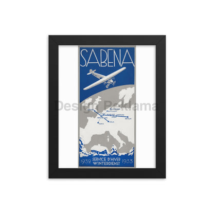 Sabena Airlines Belgium, Winter Service 1932-33, Framed Vintage Travel Poster Vintage Travel Poster Design Reklama