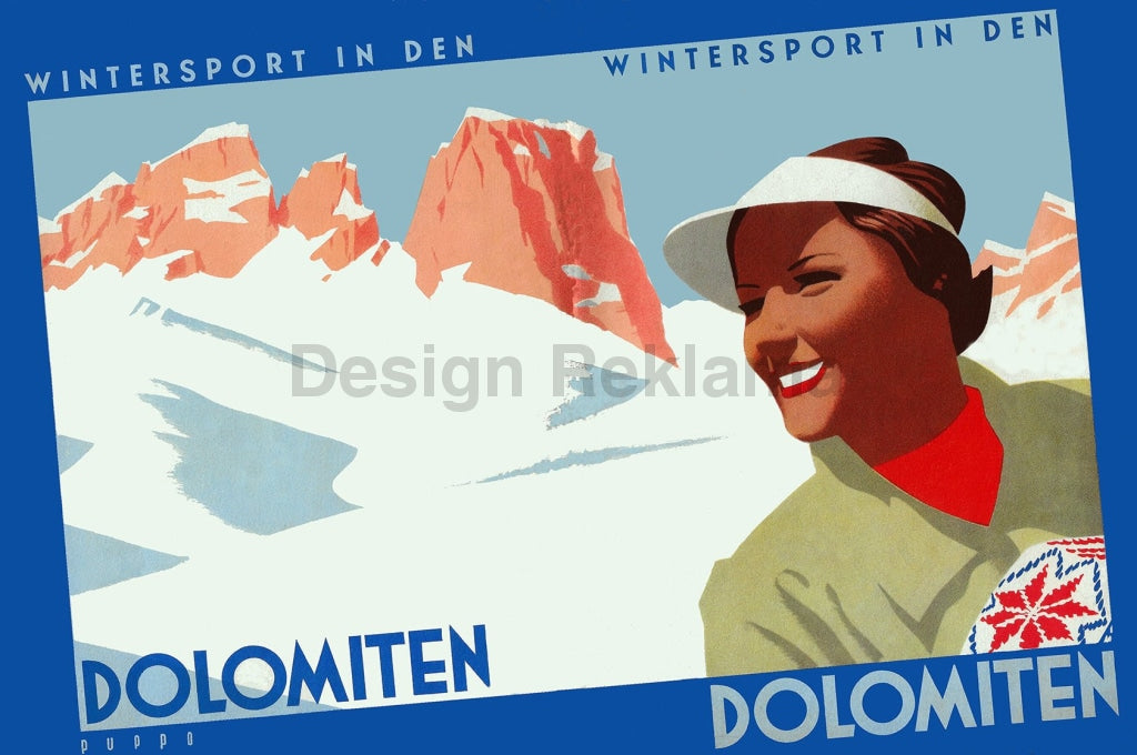 Skiing in the Dolomite Mountains, Italy circa 1936. Unframed Vintage Travel Poster Vintage Travel Poster Design Reklama