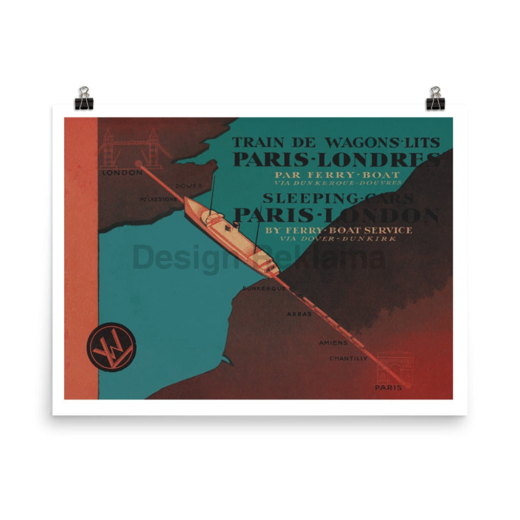 Sleeping Cars Paris London by Ferry Boat Service via Dover Dunkirk 1937 Company Internationale des Wagons Lits des Grands Express Europens. Unframed Vintage Travel Poster. Vintage Travel Poster Design Reklama