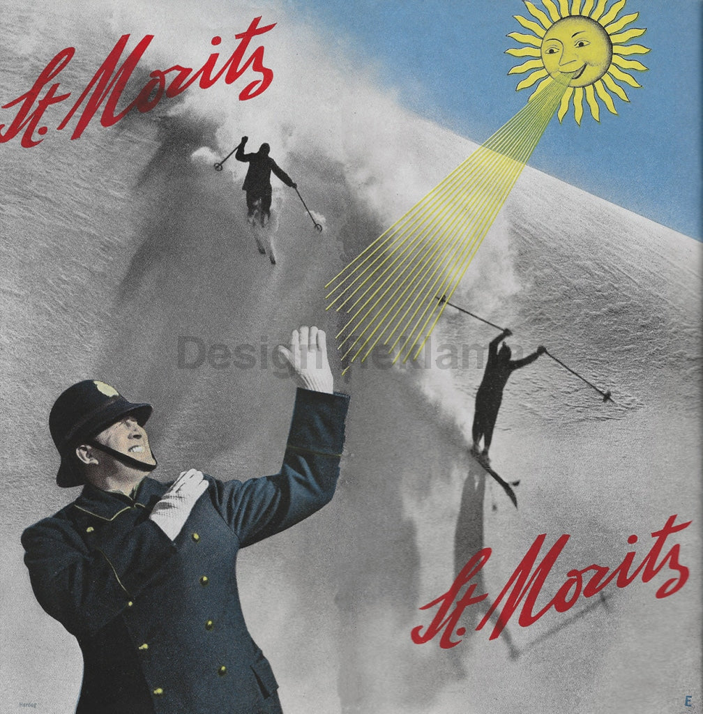 St. Moritz, 1936.  Photomontages, design and text by Walter Herdeg and Walter Amstutz.  Printed by Art. Published by the tourist bureau of St. Moritz, Switzerland. Framed vintage Travel Poster Vintage Travel Poster Design Reklama